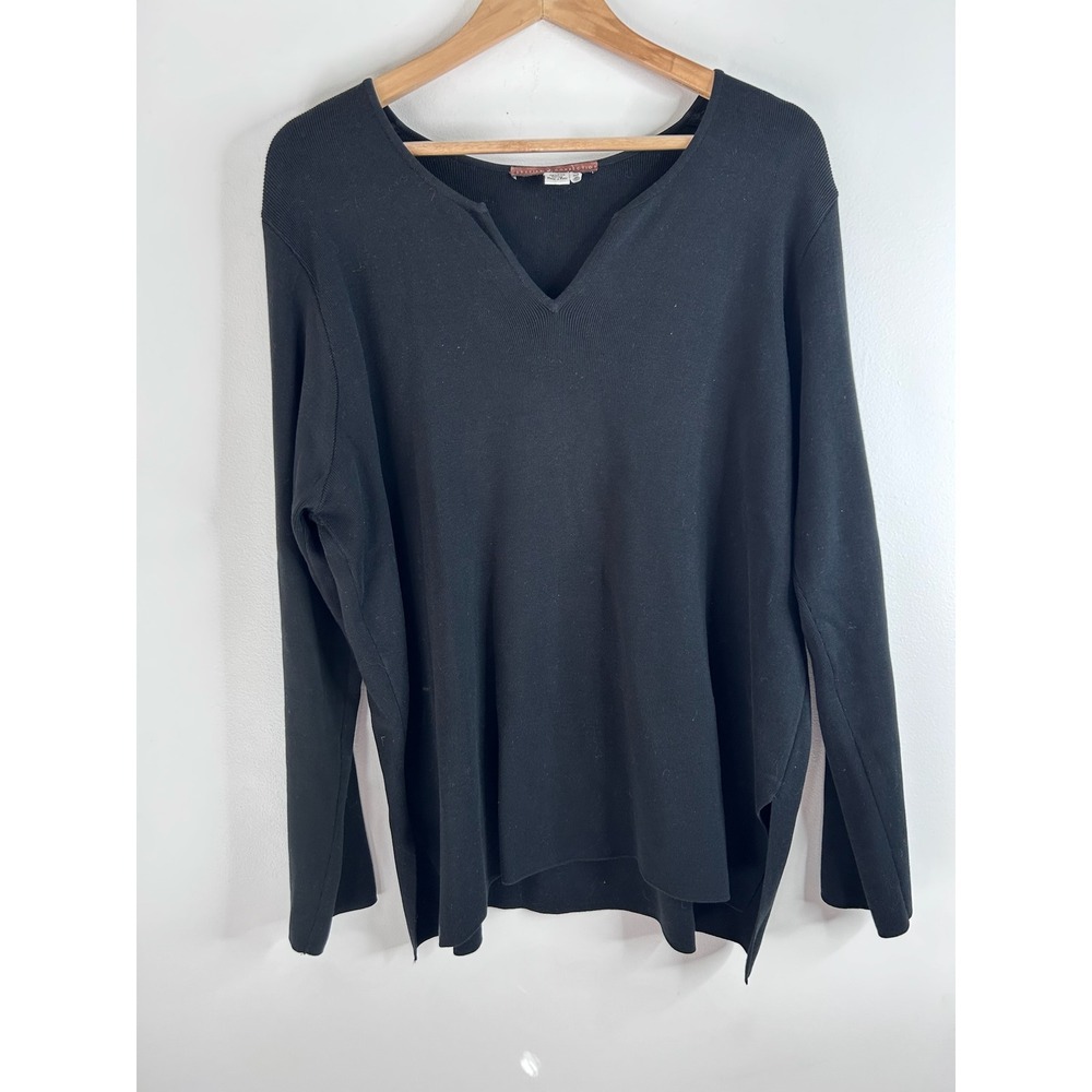 Peruvian Connection Black 100% Pima Cotton Notched V-Neck Sweater Top XL Womens